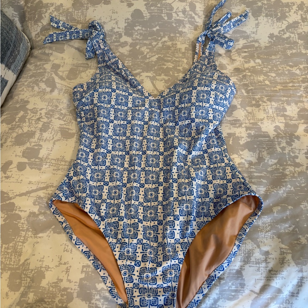 J. Crew Factory Blue and White Geometric One-Piece Swimsuit